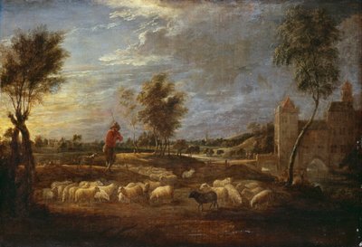 Paisaje al atardecer con un pastor y su rebaño de David Teniers the Younger